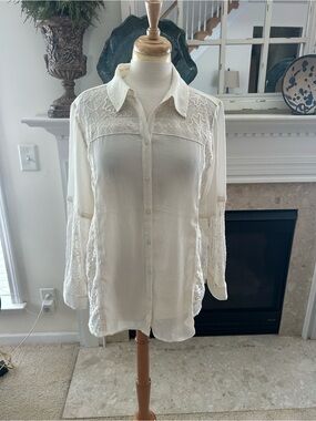 Chico’s Cream Lace-Detail Button-Up Sheer Blouse